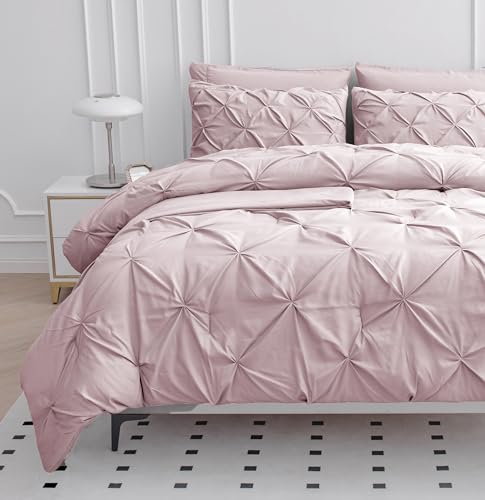 LANE LINEN Pink Full Comforter Set – 7 Piece - Pintuck Bed in a Bag - All-Season Full-Size Bedding with Comforter, Sheets, Pillowcases & Sham - Comfy, Perfect for College Dorms – Sepia Rose LANE LINEN