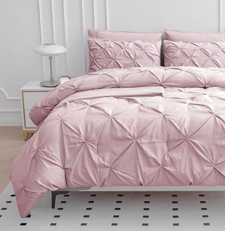 LANE LINEN Pink Full Comforter Set – 7 Piece - Pintuck Bed in a Bag - All-Season Full-Size Bedding with Comforter, Sheets, Pillowcases & Sham - Comfy, Perfect for College Dorms – Sepia Rose LANE LINEN