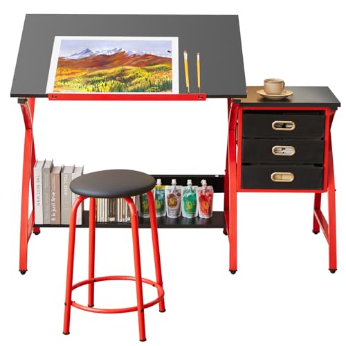 KELLIGO Drafting Table, Art Desk for Artists/Adults, Plan Table with Stool and 3 Slide Drawers, Painting Studio Design Work Station, 75°Adjustable Tabletop, Modern, 51.2 x 24 x 55 inch（Black+Red）