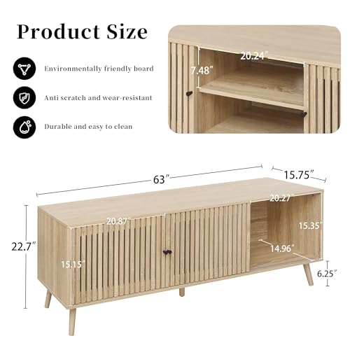 Oubayajia Mid Century Modern TV Stand for Televisions up to 70 Inches, with Sliding Doors and Storage, Television Stands, TV Consoles, Media Consoles for Living Room, 63 Inch (Natural) - WoodArtSupply