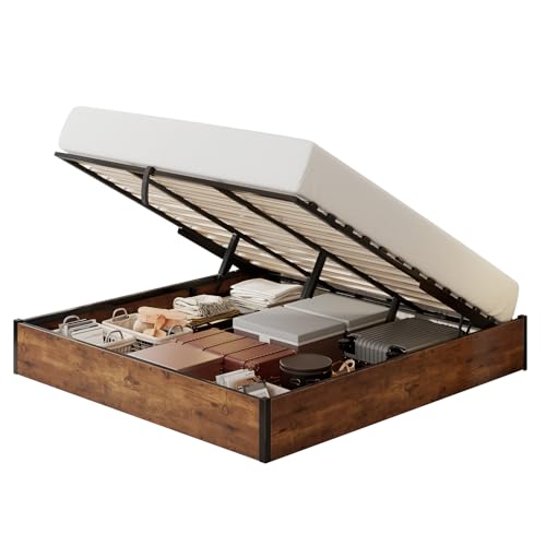 LUXOAK Lift Up Storage Bed Frame, King Size Wooden Slats Platform Bed Frame with Ample Storage Underneath, No Box Spring Needed, Noise Free, Rustic Brown LUXOAK