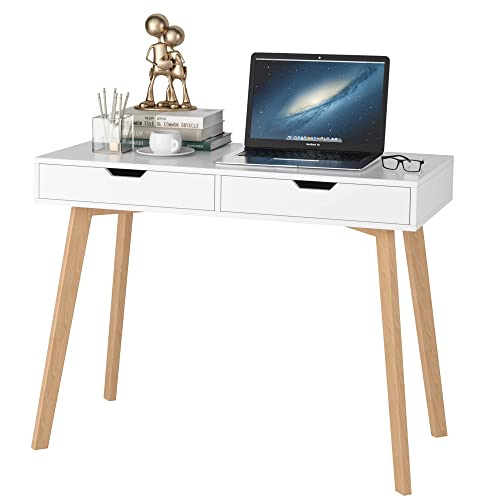 FOTOSOK White Computer Writing Desk with 2 Drawers, Small Desk Makeup Vanity Table Wood Desk with 4 Oak Legs, Modern Home Office Desk Console Study - WoodArtSupply