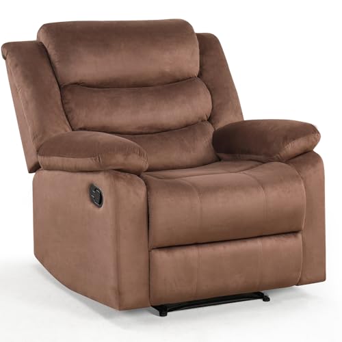 ANJ Manual Recliner Chair for Adults, Velvet Reclining Chair with Padded Arms and Overstuffed Backrest, Single Recliner Sofa for Living Room, Dark Brown