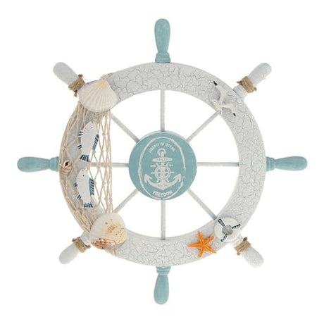 Rienar Nautical Beach Wooden Boat Ship Steering Wheel Fishing Net Shell Fish Home Wall Décor(11" Diameter) Rienar