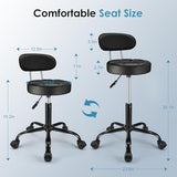 FNZIR PU Leather Rolling Stool with Back Support Height Adjustable Swivel Stool Chair with Wheels Drafting Chair for Spa Slaon Massage Stable Base Foot Black FNZIR