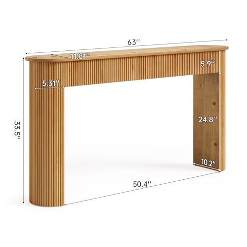 TRIBEWOOD Solid Wood Console Table, 63" Long Retro Entryway Table with Vertical Fluted Stripes and Wide Solid Wood Legs, for Living Room, Hallway, Behind Sofa, Next to Entrance TRIBEWOOD