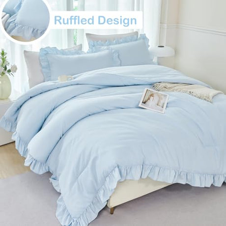 ANGIYUIN 5Pcs Queen Size Comforter Sets Light Blue Ruffle Bedding Sets Vintage Farmhouse Bed Sets Solid Elegance Boho Bed in A Bag for Girls Women（Light Blue Queen） ANGIYUIN