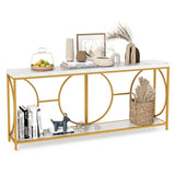 GOFLAME 71” Extra Long Console Table, 2-Tier Faux Marble Entryway Table with Storage Shelf, Geometric Metal Frame, Modern Gold Accent Table, Narrow Sofa Table for Living Room, Hallway GOFLAME