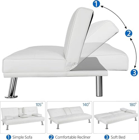 Pu Leather Convertible Futon Sofa Bed,Modern Couch Loveseat Sleeper, 3 in 1 Comfy Folding Recliner Couches Bed for Small Spaces Living Room, Adjustable Backrest, 2 Cupholders for Office (White) Xinmviec