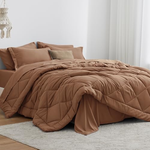 Love's cabin Full Comforter Set Mocha Mousse, 7 Pieces Full Bed in a Bag, All Season Bedding Sets with 1 Comforter, 1 Flat Sheet, 1 Fitted Sheet, 2 Pillowcase and 2 Pillow Sham Love's cabin