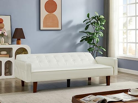 Zaboro Futon Sofa Bed, Convertible Sleeper Sofa, Loveseat Couch PU Leather Sofabed with Wooden Legs for Small Spaces Room Home Office Hotel with Adjustable Backrest, Reclining (White) Zaboro