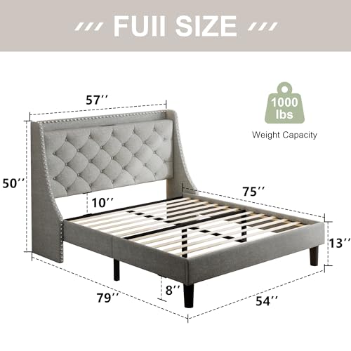 Feonase Full Size Bed Frame with Luxury Wingback and Fast Charging Station,Full Upholstered Button Tufted Storage Headboard Platform Bed,Sturdy Wooden Slats Support,Easy Assembly,Noise-Free,Light Gray Feonase