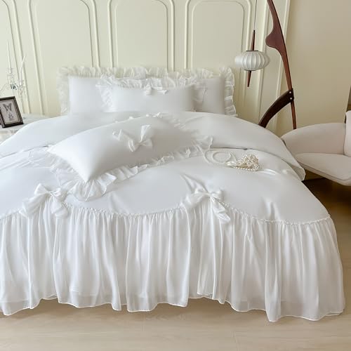SOUKECHY Ruffled Bedding Bow Duvet Cover Set with Butterfly Tie, Soft Brushed Microfiber Shabby Chic Bedding Set with Zipper Closure-White,Queen SOUKECHY