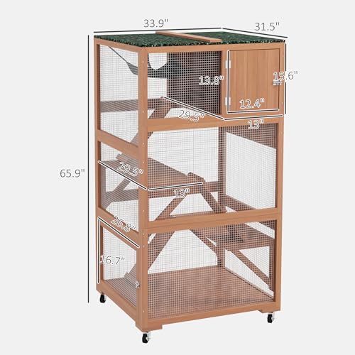 PawHut Catio, Outdoor Cat Enclosure House, Wooden Feral Cat Shelter on Wheels, Cat Cage with Hammock, Platforms Ramps, and Weather Protection Asphalt Roof, 34", Orange PawHut