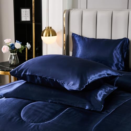 Bedding_Dreamer Silk Like Blue Comforter Set with Sheet Sets Queen 8 Pieces Satin Bedding Silky Bed-in-a-Bag Luxury Hotel Silky with 1 Cushion Cover Bedding_Dreamer