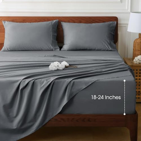 HYPREST Extra Deep Pocket Twin Sheet Sets Fits 18"-24" in Deep Mattress -100% Cotton Sheets,Grey Hotel Luxury Soft Wrinkle Free Cooling Sheet Sets for Twin Bed Deep Pocket HYPREST