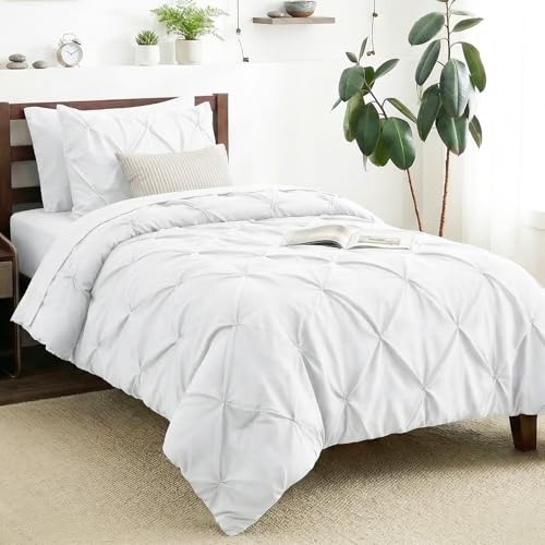 CozyLux Twin Comforter Set with Sheets White, 5 Pieces Pintuck Bed in A Bag, Twin Bed Set Gift for Family, Pinch Pleat Bedding Set with Comforter, Sheets, Pillowcase & Sham CozyLux