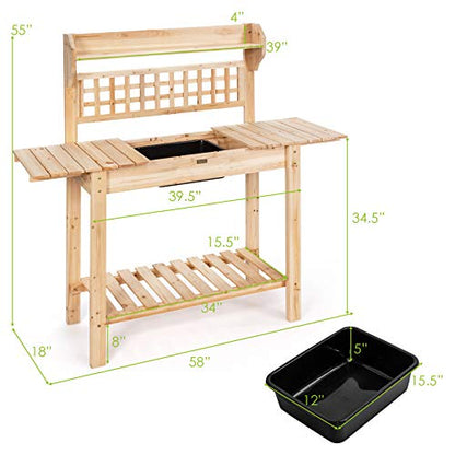 Giantex Garden Potting Bench, Outdoor Wood Work Table w/Sliding Tabletop, Planter Bench Work Station w/Removable Sink & Storage Shelves for Backyard Patio Balcony, Natural - WoodArtSupply