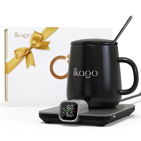 Coffee Mug Warmer & iKago Mug Set, Accurate Temperature Control Smart Heated Mug for Desk, Electric Coffee Warmer with Auto Shut Off & Real-Time Temp Display, Gifts for Men Women, 15oz Ceramic Mug Ikago