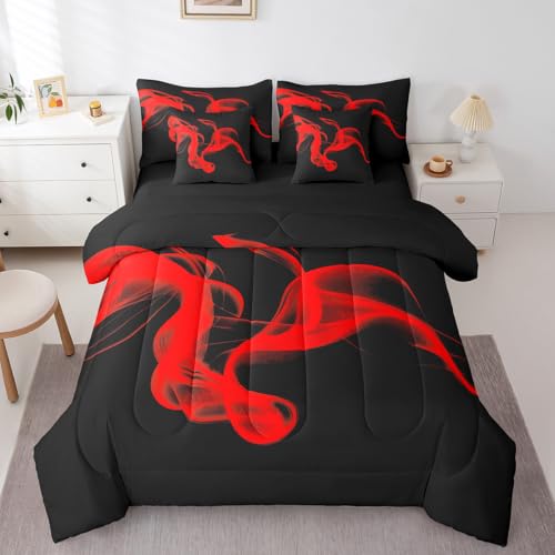 Feelyou Kids Black Red Abstarct 7 Piece Bedding Set King Size Abstarct Art Comforter Set with Sheets for Kids Adult Modern Minimalist Bed in a Bag Feelyou