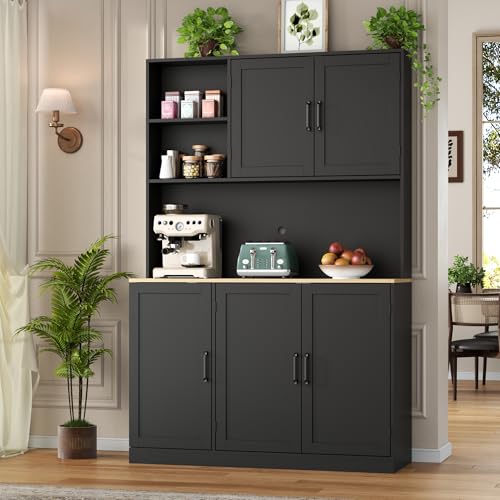 71" Tall kitchen Pantry Storage Cabinet, Modern Kitchen Hutch with 3 Pull-out Drawers, Kitchen Pantries with Microwave Stand & Door Shelf, Food Pantry with Adjustable Shelves for Dining Room (Black) Gyfimoie