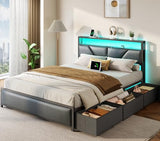 OURPIC Queen Bed Frame, 2-Tier Storage Headboard & 6 Drawers, PU Leather Upholstered Queen Size Platform Bed with Charging Station and LED Lights, No Box Spring Needed, Noise Free OURPIC