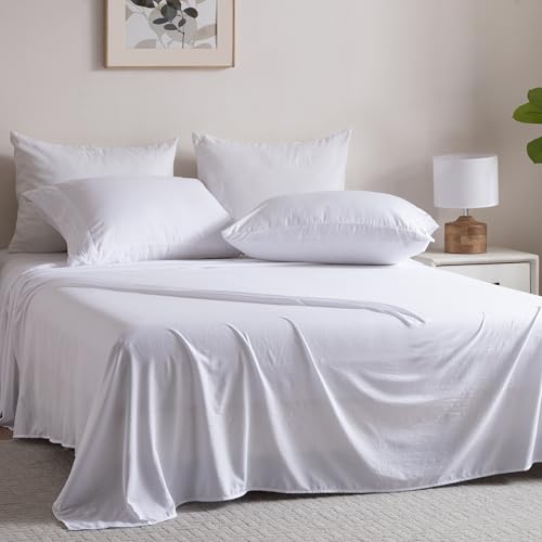 3 Piece Washed Ultra Soft Twin Bed Sheet Set,16inches Deep Pocket White Fitted Sheet Twin Size & Flat Sheet & Pillowcase, Prewashed Brushed Microfiber - Breathable, Fade Resistant,Easy Care Ranunculus