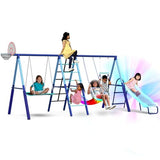 Sportspower Ramona Metal Swing Set 7-in 1: 3 Swings, Climbing Ladder and net, Basketball Hoop, and 5-ft Blow Molded Slide, 700lb Capacity, Yellow & Blue, Bonus Anchor kit Included Sportspower