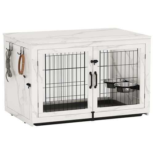 Piskyet Wooden Dog Crate Furniture with 360°Rotatable Removable Dog Bowls, Dog Crate End Table with Tray, Double Doors Dog Kennels for Dogs(XL:43.2" L*28.6" W*30.3" H, Marble White) Piskyet