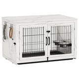 Piskyet Wooden Dog Crate Furniture with 360°Rotatable Removable Dog Bowls, Dog Crate End Table with Tray, Double Doors Dog Kennels for Dogs(XL:43.2" L*28.6" W*30.3" H, Marble White) Piskyet