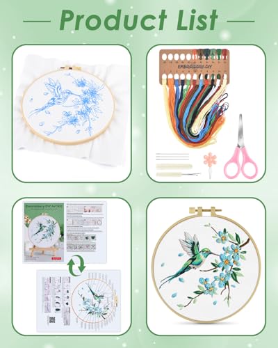 ERKOON Embroidery Kit for Beginners, Hummingbird and Flower Cross Stitch Set for Include Embroidery Cloth Hoops Threads for Craft Lover Hand Stitch with Embroidery Skill Techniques (Green Hummingbird) ERKOON