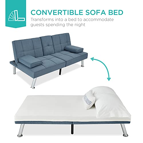 Best Choice Products Linen Modern Folding Futon, Reclining Sofa Bed for Apartment, Dorm w/Removable Armrests, 2 Cupholders - Blue Best Choice Products
