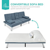 Best Choice Products Linen Modern Folding Futon, Reclining Sofa Bed for Apartment, Dorm w/Removable Armrests, 2 Cupholders - Blue Best Choice Products