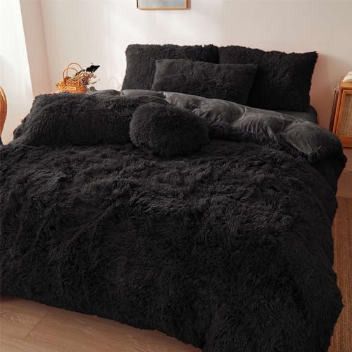 FOPPA Fluffy Black comforters Cover Twin Size - Ultra Soft Plush Bedding Sets 2 Pieces (1 Faux Fur Comforter Cover + 1 Fuzzy Pillow case) Girls Shaggy Bed Set (Black, Twin) FOPPA