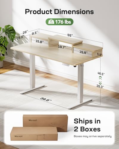 Marsail Electric Standing Desk with Drawers, 55″ x 28″ Height Adjustable Sit Stand Up Desk with Storage Shelf, Ergonomic Home Office & Computer Table with 4 Memory Heights, Maple Marsail