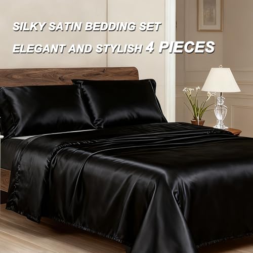 COZYXWORLD 4 Piece Satin Silky Sheet Set Queen Size, Deep Pocket Moisture Wicking Smooth Cooling Fabric Ice Silk Feel Hair Protection, Black COZYXWORLD