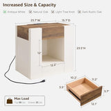 OKD 24" Wide Modern Nightstand, Wood Night Stand with Charging Station & Hidden Drawer, Side Table Bedroom with Storage Shelf, End Table, Antique White OKD