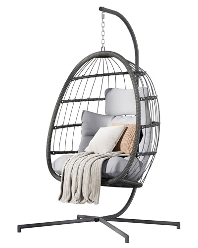 HWB Hanging Egg Chair with Stand, Patio Wicker Egg Swing Chair with Cushion for Bedroom Garden Indoor Outdoor (Grey)