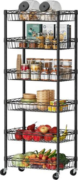 SINGAYE 6 Tier Basket Shelf Wire Shelving Unit Adjustable Storage Shelves Big Basket Rack for Garage Kitchen Office Pantry Corner 17" Dx12 Wx63 H Black SINGAYE