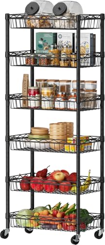 SINGAYE 6 Tier Basket Shelf Wire Shelving Unit Adjustable Storage Shelves Big Basket Rack for Garage Kitchen Office Pantry Corner 17" Dx12 Wx63 H Black SINGAYE