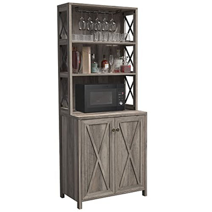 DWVO 67" Tall Wine Bar Cabinet for Liquor and Glasses, Farmhouse Kitchen Cabinet Coffee Bar with Adjustable Shelves, Open Storage Shelves, Buffet Kitchen Cabinet for Dinning Room, Kitchen, Gr - WoodArtSupply