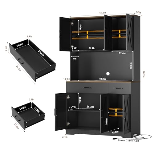 HOSTACK 71" Pantry Cabinet with Charging Station, Tall Kitchen Pantry Storage Cabinet with Microwave Stand, Farmhouse Kitchen Hutch Cabinet with Storage Drawers for Living Room, Dining Room, Black HOSTACK