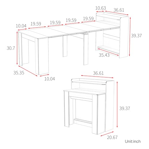 Banzeem Extendable Dining Table with Shelf, Transformer Extra Console Table for 1-9 People, Folding Space Saving Dining Room Table for Homes, Apartments, Walnut Banzeem