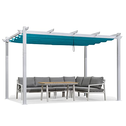 PURPLE LEAF 10' X 12' Outdoor Retractable Pergola with Sun Shade Canopy Cover White Patio Metal Shelter for Garden Porch Yard BBQ Beach Gazebo Grape Trellis Pergola, Turquoise Blue - WoodArtSupply