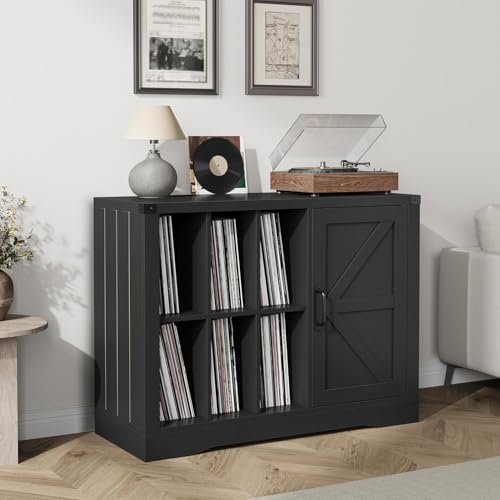 CABIHOME Record Player Stand Cabinet with Door – Farmhouse-Style Turntable Storage Cabinet with Holder Shelves for Up to 750 Albums, Wooden CD/DVD Rack for Living Room, Black CABIHOME
