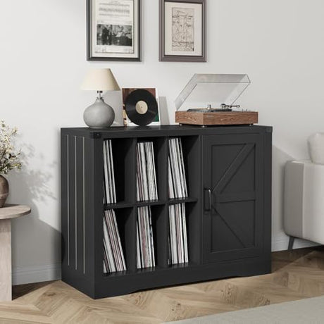 Takywep Record Player Stand with Door, Farmhouse Turntable Cabinet with Storage, Vinyl Record Storage Cabinet with Shelves for Up to 750 Albums, Multi-Purpose Wooden Media Console Table Takywep