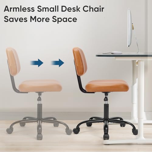 DUMOS Armless Home Office Desk Chair -Small Ergonomic with Low Back Lumbar Support, Height Adjustable PU Leather Computer Task with 360° Swivel Rolling Wheels, for Small Space, Brown DUMOS