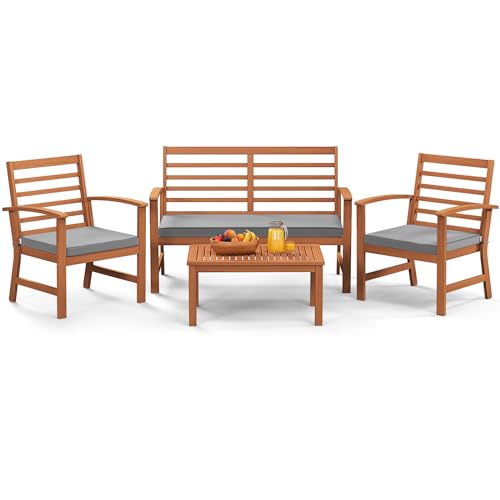 Tangkula 4 Pieces Outdoor Furniture Set, Acacia Wood Conversation Set w/Soft Seat Cushions, Stable Acacia Wood Frame, Patio Sofa & Coffee Table Set for Backyard, Porch, Poolside (Grey) - WoodArtSupply