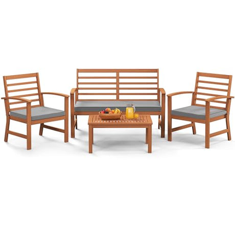 Tangkula 4 Pieces Outdoor Furniture Set, Acacia Wood Conversation Set w/Soft Seat Cushions, Stable Acacia Wood Frame, Patio Sofa & Coffee Table Set for Backyard, Porch, Poolside (Grey) Tangkula
