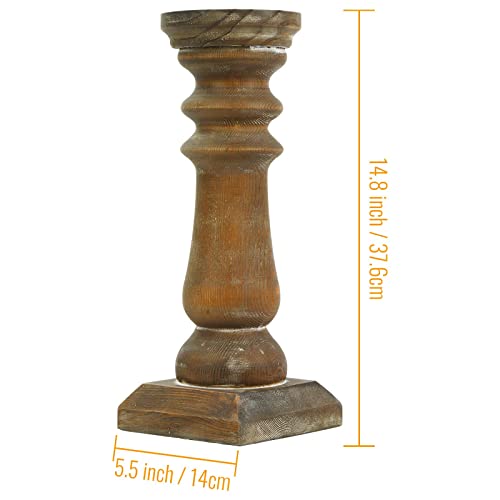 Wood Pillar Candle Holders 14 Inch Tall, Handmade Antique Brown Farmhouse Candle Holders for Pillar Candles, Natural Decorative Candlestick Holders, Rustic Candle Holders for Table Centerpiece SOFE